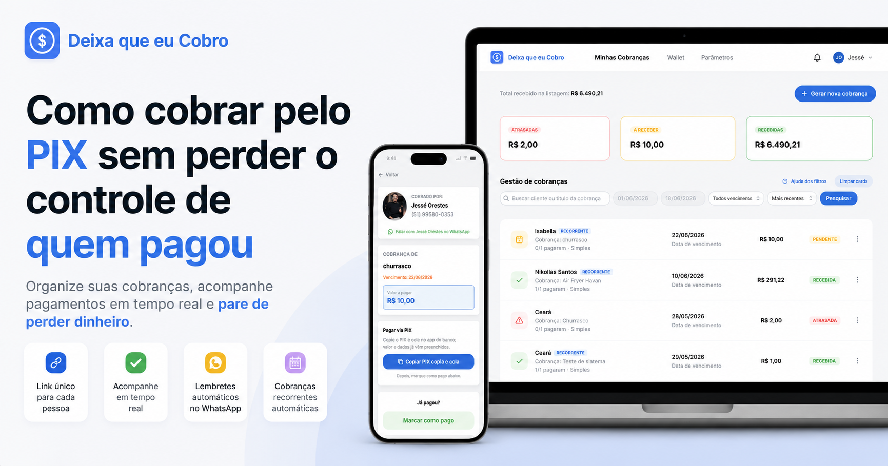 App Deixa que eu Cobro mostrando cobranças via PIX organizadas por participante